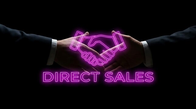 Direct Sales Neon Sign with Handshake Symbolizing Partnership and Agreement.