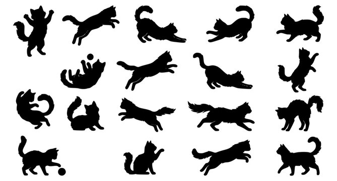 Playful black cat silhouettes vector set jumping fluffy cats isolated on white background