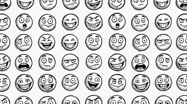 Various Emoticon Faces in Black and White.