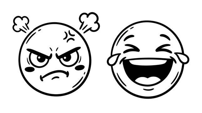 Emotions faces smiling and angry expressions.