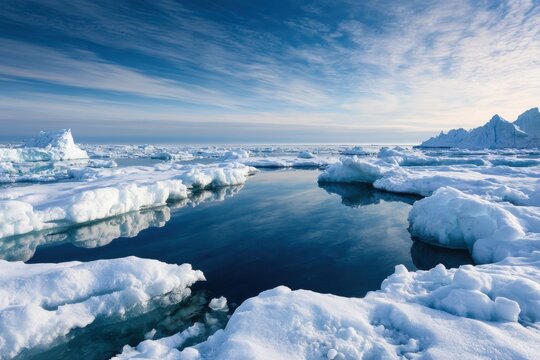 Arctic sea ice floes melting with open water and dramatic blue sky