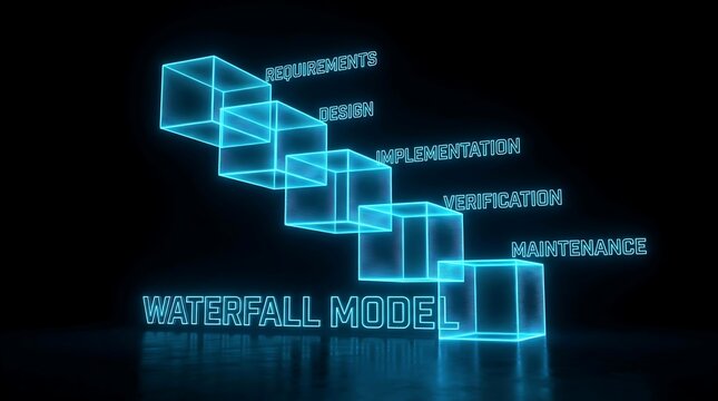 Glowing Neon Waterfall Model Diagram with Stages on Black Background.