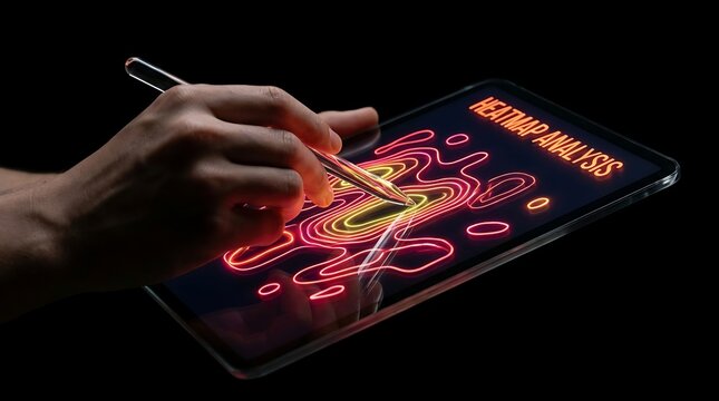 Close up of a hand using a stylus on a tablet displaying a heatmap analysis with glowing neon lines on a dark background.
