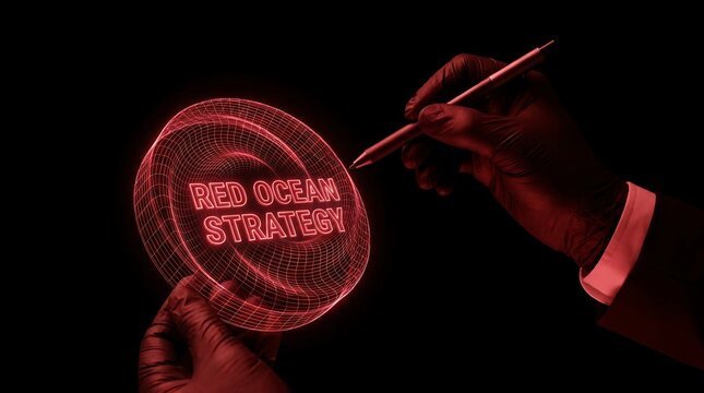 Hand holding a magnifying glass with red ocean strategy text illuminated, business concept.
