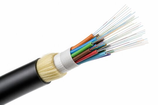 A cross-section of a fiber optic cable, showing protective layers and bundles of colorful optical fibers used for high-speed data transmission.