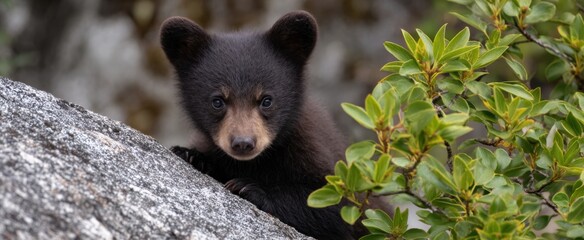 Fototapeta premium Black bear cub scaling rugged rocky terrain in a lush natural habitat.