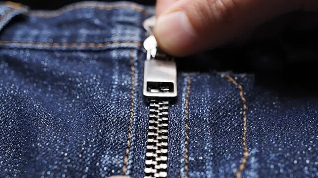 Closeup of a hand zipping up blue denim jeans with a metal zipper.