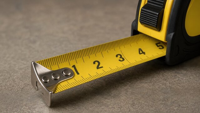 A close-up of a yellow retractable tape measure on a textured grey surface. The metric scale is visible, showing numbers one through five.