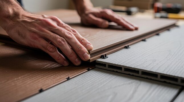 A close-up of a worker's hands installing brown composite wood-plastic decking planks. A home improvement and construction project in progress.