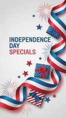 Obraz premium Independence Day Specials vertical flyer with patriotic ribbons and gift boxes isolated on white background