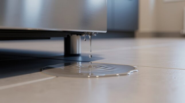 A stainless steel appliance leaks water onto a tiled kitchen floor, forming a puddle with ripples and indicating a need for repair.