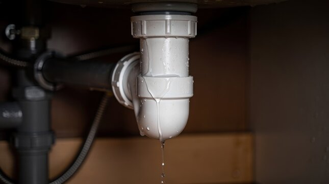 A close-up of a leaking white PVC U-bend pipe under a sink. Water drips from the wet joint, indicating a household plumbing problem that needs repair.