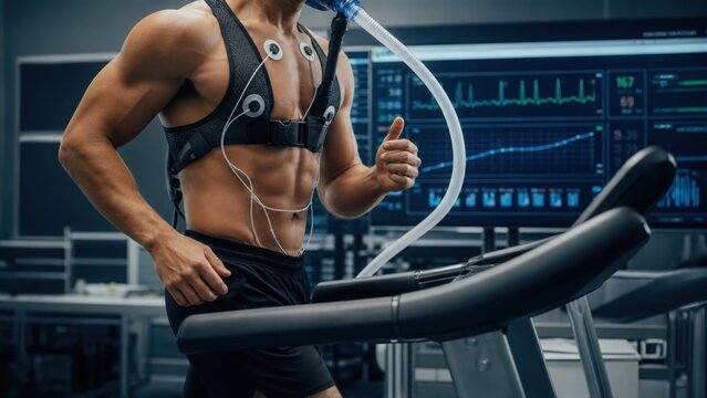 A muscular athlete runs on a treadmill during a VO2 max test in a sports science lab, with sensors and a mask monitoring his vitals.