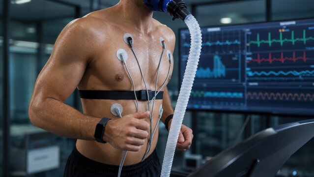 An athlete undergoes a VO2 max test on a treadmill, connected to sensors and monitors in a sports science lab.