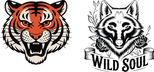 Tiger and Wolf Head Illustration Set © nurealom