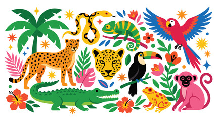 Jungle safari animals collection with palm trees and flowers. © NAZMA