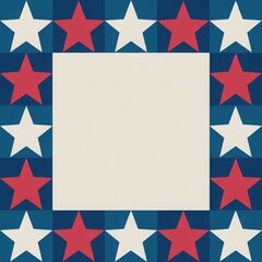 Fototapeta premium Patriotic square frame with red and white stars on blue background and central copy space