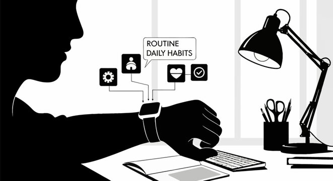Black and white vector illustration of a person silhouette at a desk using a smartwatch for daily habit tracking, featuring digital icons for health, settings, and productivity.