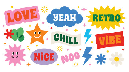 Fototapeta premium Retro vibes stickers with positive words and fun shapes.