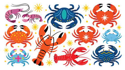 Seafood collection of colorful crabs and lobsters and shrimps. © NAZMA
