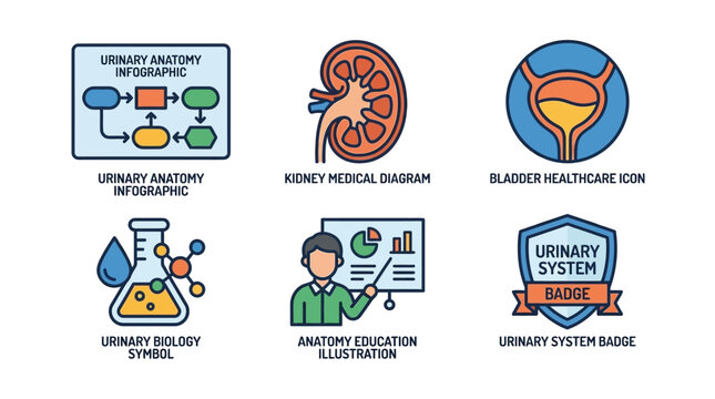 A detailed, colorful, vector graphic set featuring diverse icons related to human urinary system anatomy and function, including kidneys, bladder, and diagrams for educational purposes and h