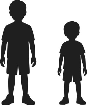 Silhouette of two boys standing, child figures in different heights, kids illustration showing growth, childhood concept for educational and family design