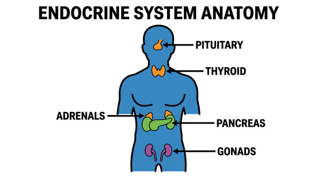 Simplified depiction of human endocrine system, a vibrant blue silhouette showing major glands like the pituitary, thyroid, adrenals, pancreas, and gonads in a flat, illustrative style again