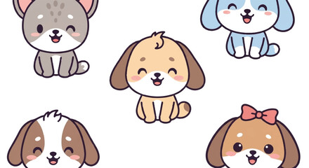 Obraz premium Cute Kawaii Puppies Collection Vector Illustration.