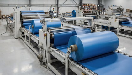 Fototapeta premium Medium shot of industrial blue wiper rolls being precisely cut and converted in a spacious workshop with heavy machinery and clean organization.