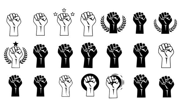 Diverse collection of black and white raised fist icons representing solidarity protest and empowerment concepts