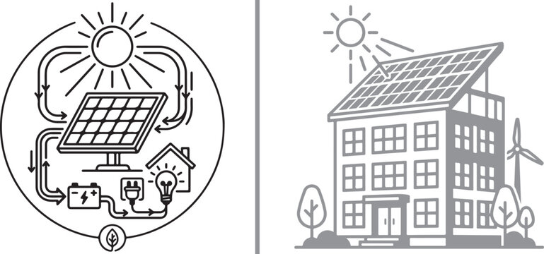 Solar energy system diagram and green building with solar panels vector icons for renewable power and sustainable living