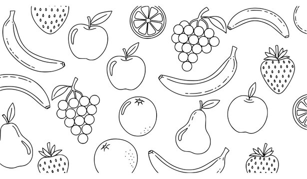 Black and white fruit pattern seamless repeat design with bananas apples berries and citrus fruits