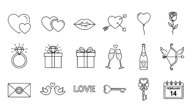 Valentine's day line icons set hearts gifts champagne cupid and romantic symbols for design projects