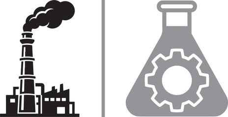 Obraz premium Industrial factory silhouette with smoke and laboratory flask containing gear vector icon for manufacturing and chemical engineering