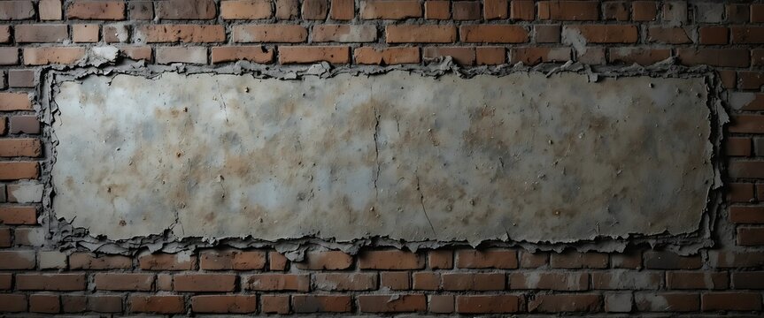 Weathered concrete wall patch on rustic exposed brick background in industrial style