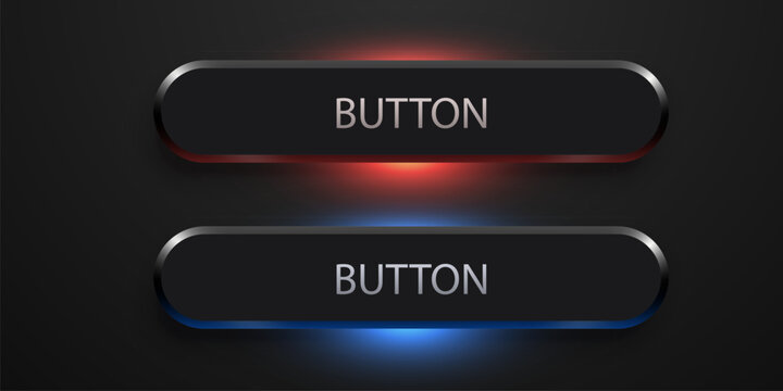 Modern dark UI buttons with glowing neon effect. Sleek web elements for interface design. Vector illustration