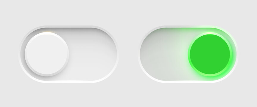 Modern neomorphism toggle switches in on and off states for user interface design. Vector illustration