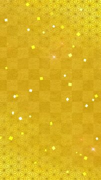 和柄　金箔　紙吹雪　ループ動画　市松模様　麻の葉　文様　和紙　和風　高級感　キラキラ　豪華　和　年賀　正月　お歳暮　縦長　Japanese gold pattern.Vertical background.Loop video.