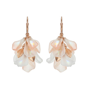 Elegant rose gold and pearl dangle earrings with iridescent shine isolated on transparent background