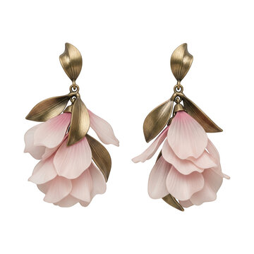 Elegant pink rose gold floral dangle earrings with petals and leaves isolated on transparent background