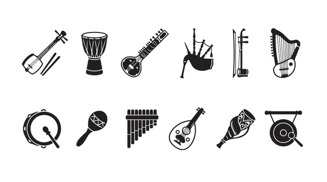 Traditional musical instruments vector icon set, ethnic and folk music culture objects collection black silhouette isolated on white background