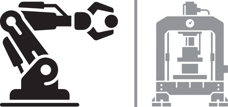Industrial robotic arm and hydraulic press machine vector icons for automation and manufacturing equipment symbols