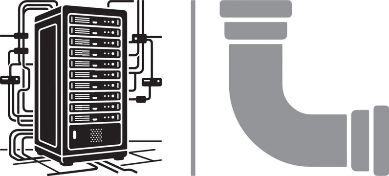 Server rack with network cables and industrial pipe elbow vector illustration for data infrastructure and plumbing systems