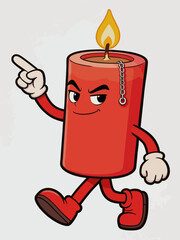 Obraz premium Cool anthropomorphic red candle cartoon mascot walking and pointing
