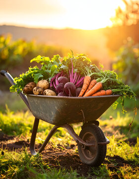 Freshly harvested organic vegetables in a rustic wheelbarrow at golden hour in garden