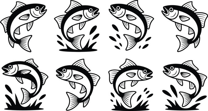 Jump Salmon Trout Fish Black White Sea Water Vector Art