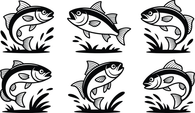 Jump Salmon Trout Fish Black White Sea Water Vector Art