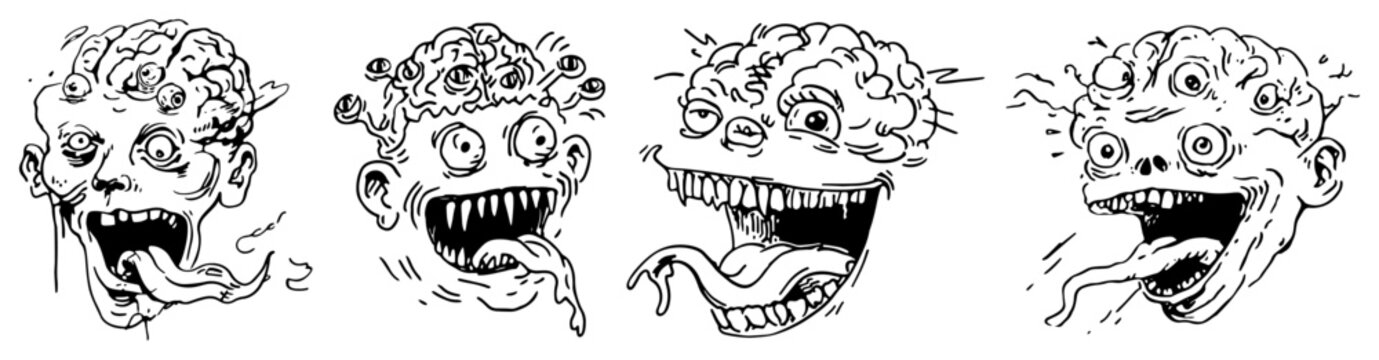Grotesque zombie heads with exposed brains bulging eyes and long tongues sketch