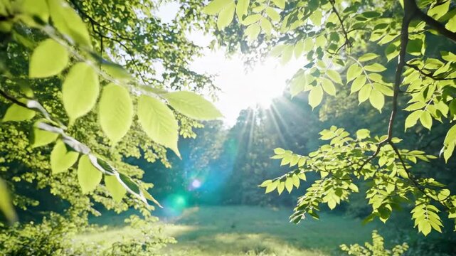 Green ash leaves framing brilliant sunburst above open meadow clearing, crisp serrated foliage and soft green woodland border creating bright summer nature scene with spacious outdoor glow view