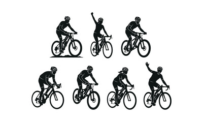 Obraz premium Cycling silhouette collection diverse poses of road and mountain bikers in black and white